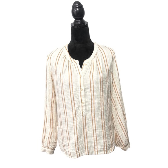Universal Thread Tops - Universal Thread Blouse Womens Medium White Tan Striped Excellent Cotton Gauze